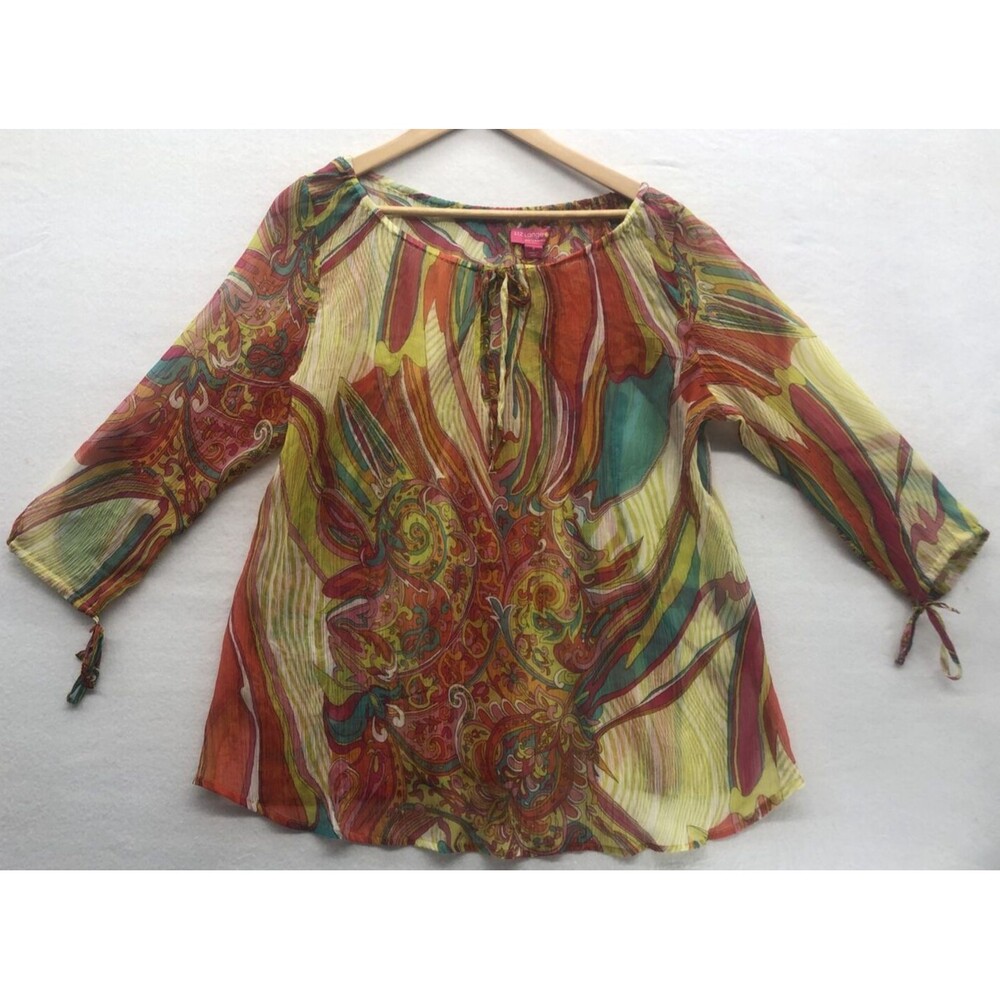 Liz Lange Maternity Blouse Size S Sheer Crop Sleeve Multicolor Colorful